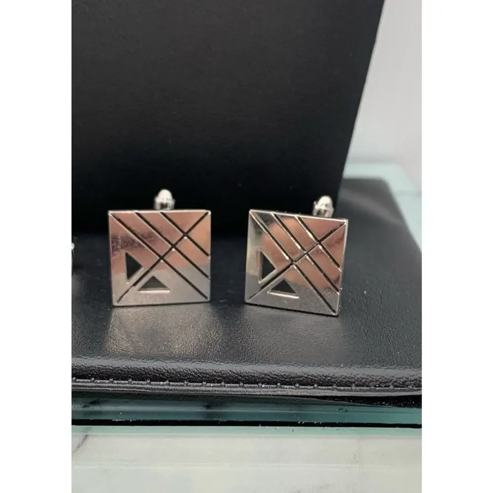 Vintage Lot Of 2 Pair Of Silver Tone And Black Enamel Cuff Links‎ Oval & Square